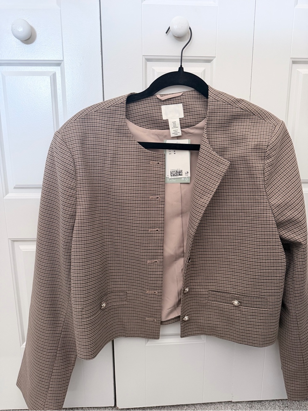 H&M Taupe Glen Plaid Collarless Cropped Blazer